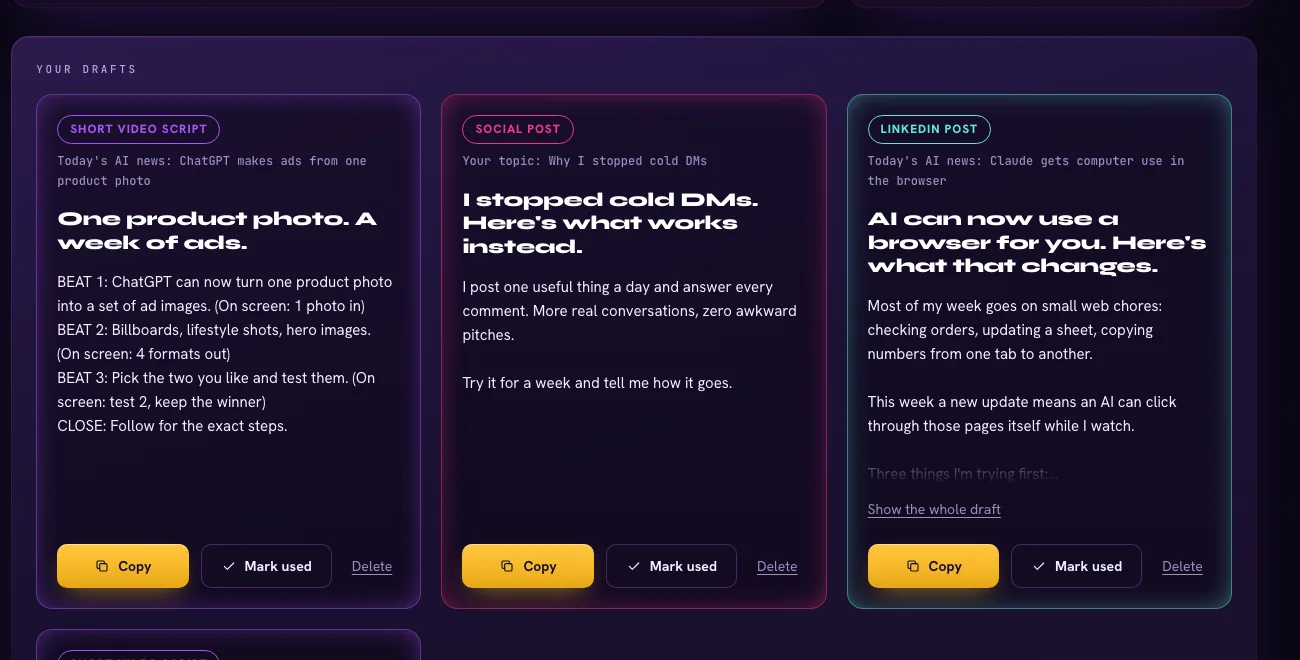 Content drafts: a short video script, a social post and a LinkedIn post, each with a Copy button.