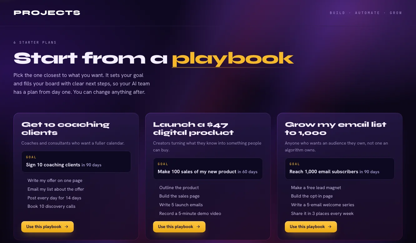Six starter playbooks, each with a goal, four project steps and a Use this playbook button.